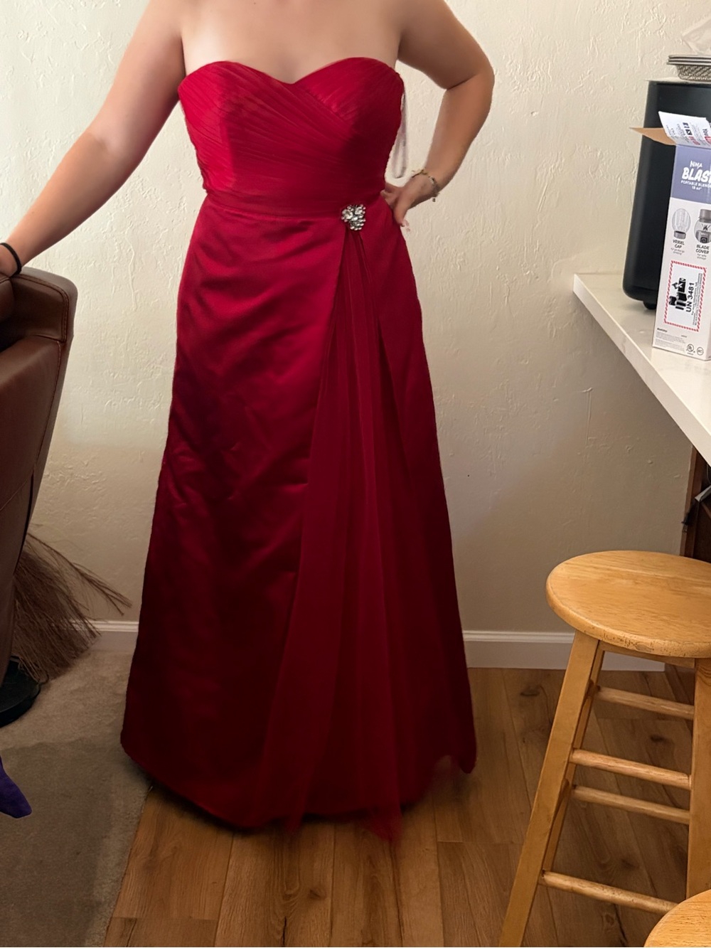 David's Bridal Strapless Red Sweetheart Evening Gown with Draped Accent